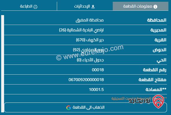 ارض مساحة 10 دونم للبيع في دير الكهف حوض رجم الصفاوي من اراضي المفرق البادية الشمالية