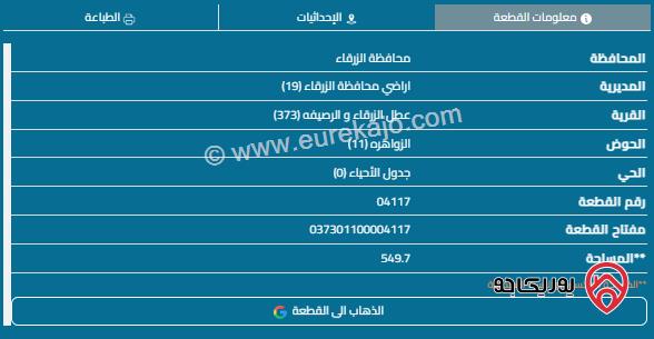 قطعة أرض مساحة 550م للبيع في الزرقاء - ضاحية المدينة المنورة 