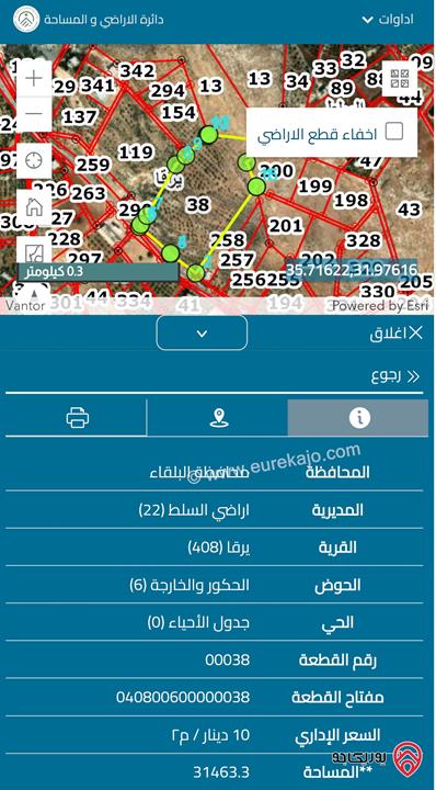 قطعة ارض مساحة 31 دونم و 408م للبيع في البلقاء - السلط يرقا