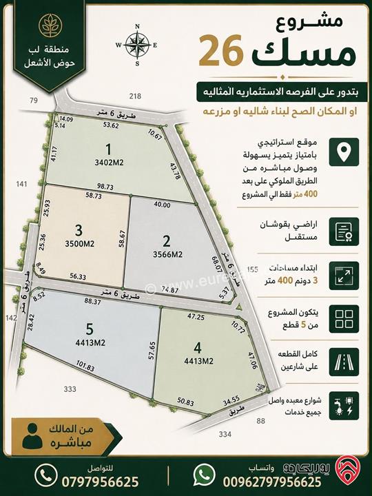 قطع أراضي تبدأ المساحات من 3 دونم و400 متر للبيع في مادبا طريق الملوكي
