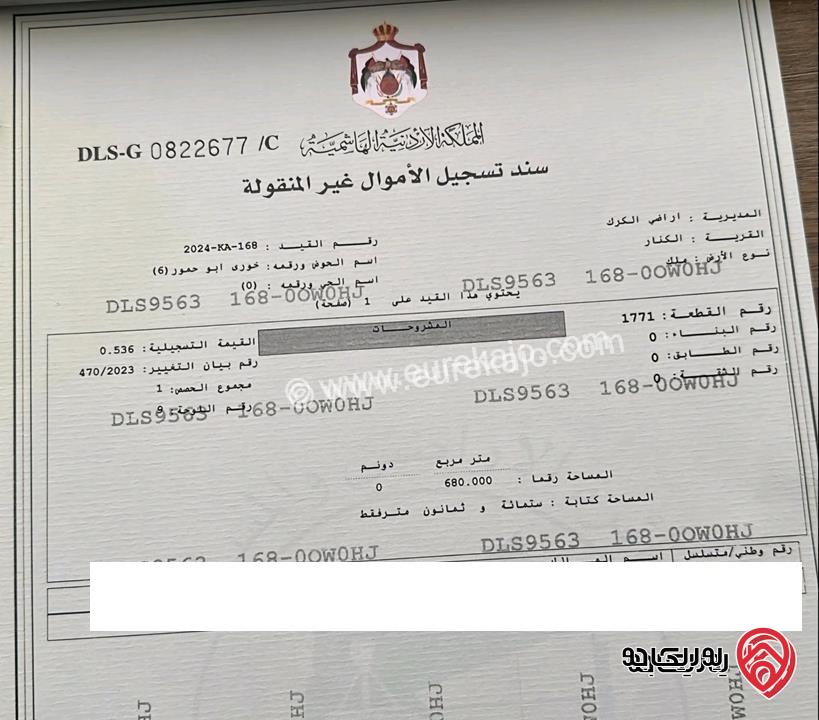 اربع قطع اراضي للبيع في الكرك منطقة الراشدية اكبر قطعة مساحتها 680متر واصغر قطعة 513متر (القرية الكنار) (الحوض خورى ابو حمور) تبعد عن المستشفى العسكري 4.5 كم و عن بلدية ادر 1 كم سعر المتر من 10 ل 15 د
