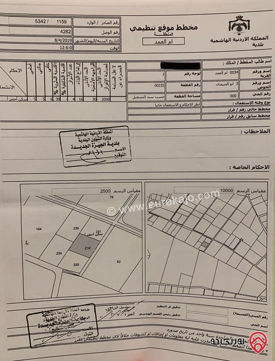 قطعة أرض مساحة 2 دونم للبيع في عمان - ام العمد طريق المطار افراز أ سكن أخضر منطقة فلل و شاليهات