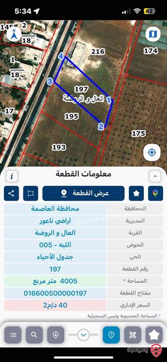 قطعة ارض استثمارية مساحة 4 دونم للبيع من أراضي ناعور في حسبان معها موافقة محطة محروقات وكهرباء