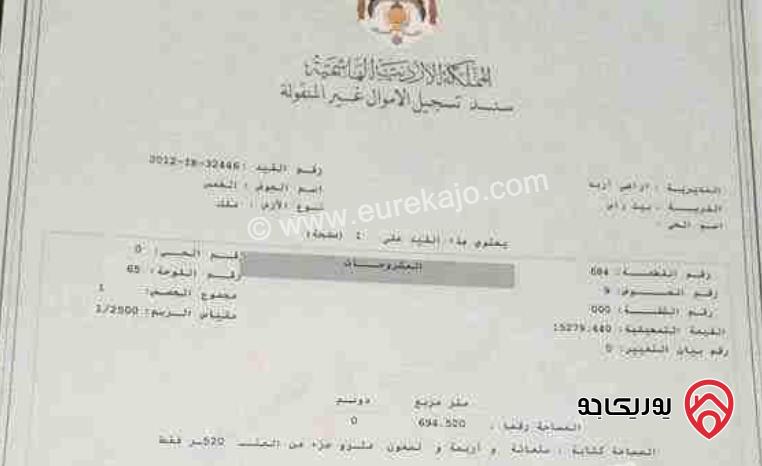 قطعة أرض مساحة 695م للبيع في اربد - بيت راس 