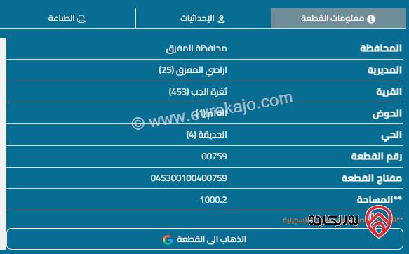 قطعة أرض مساحة 1000م للبيع في المفرق