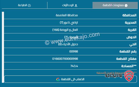ارض للبيع في ناعور حوض اليرموك 743م سكن ب مستوية واجهة 29م ش12م سعر 55000 ألف