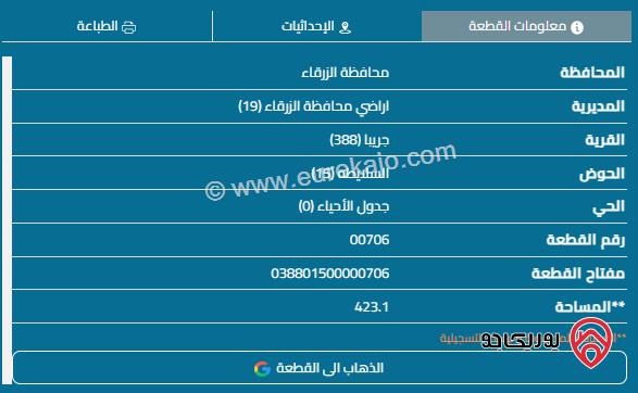 قطعة أرض مساحة 423م للبيع في الزرقاء - جريبا