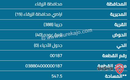 قطعة أرض مساحة 547 م للبيع في الزرقاء - جريبا