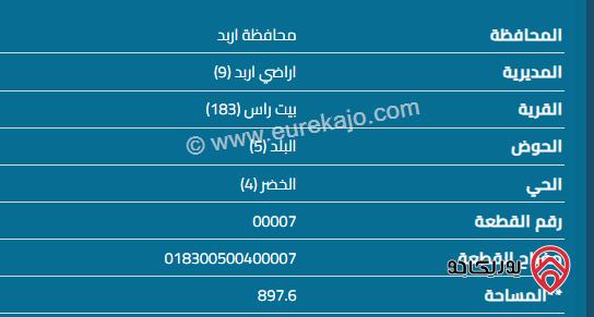 قطعة أرض مساحة 897م للبيع في اربد - بيت راس