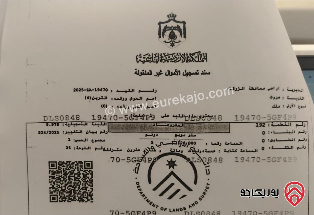 أراضي زراعي مساحة 5 دونم للبيع في الزرقاء / صروت