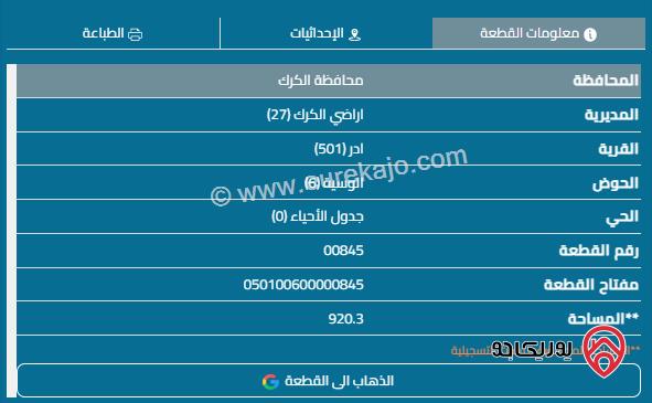 قطعة أرض مساحة 950م للبيع في الكرك - آدر