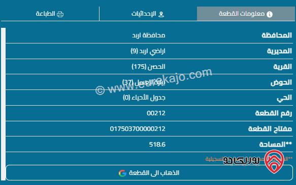 قطعتين أرض مساحة القطعة الأولى 520م والقطعة الثانية 518م سعر القطعة 27 ألف للبيع في اربد - الحصن 