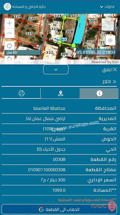 أرض مساحة 1 دونم و 69م للبيع في عمان - دابوق حوض المنش