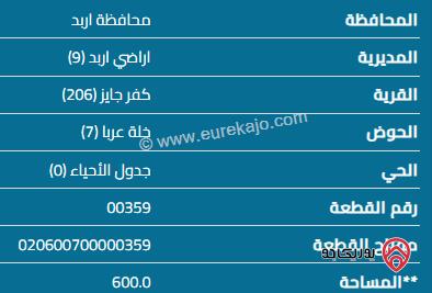 قطعة أرض مساحة 600 م للبيع قي اربد - كفر جايز