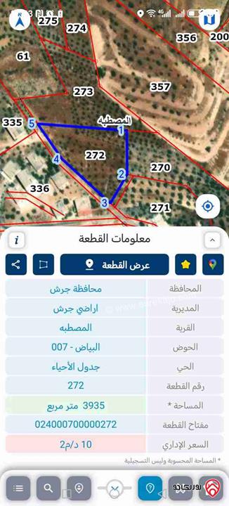 أرض مساحة 3 دونم و 900م للبيع في جرش - المصطبه ذات اطلالة على سد الملك طلال
