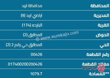 قطعة أرض مساحة 1052 م للبيع في اربد - البارحة