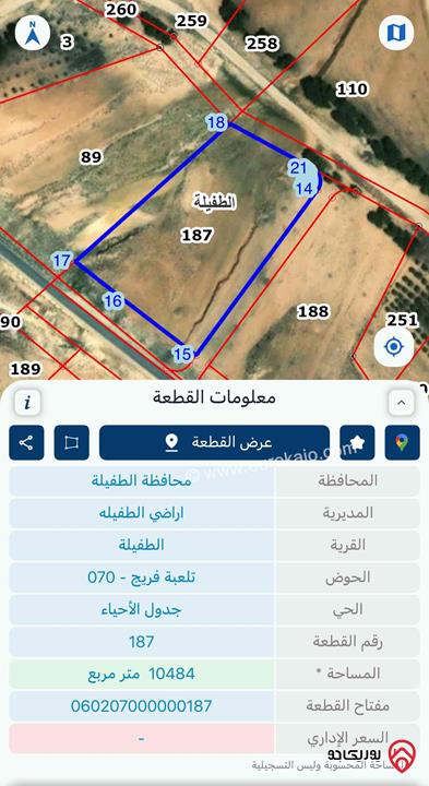 أرض مساحة 10 دونم و 485م للبيع في الطفيلة - العيص 
