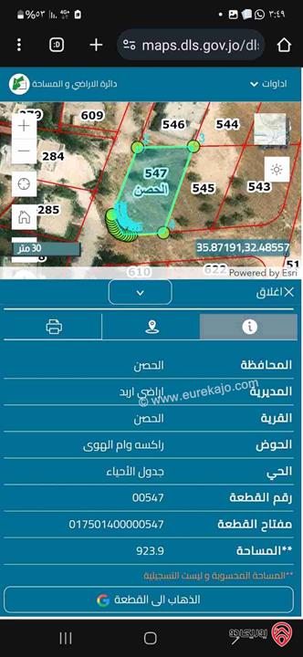 ارض مساحة 924م للبيع في اربد - الحصن ام الهوى