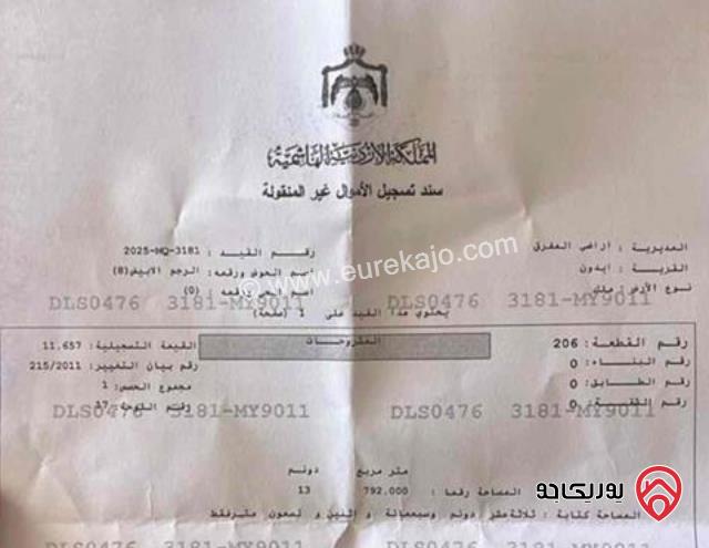 قطعة ارض مساحة 13 دونم و 792م للبيع في المفرق - ايدون