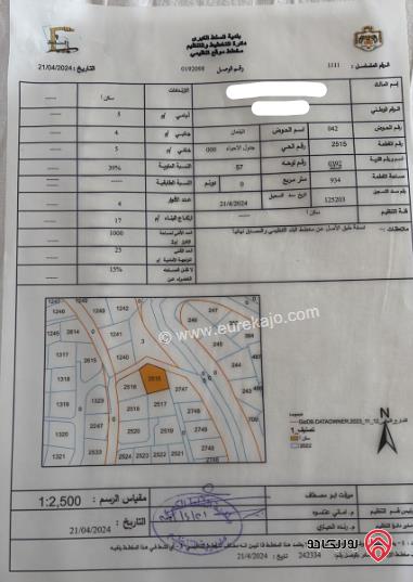 قطعة أرض مساحة 934م للبيع في السلط - وادي الشجر