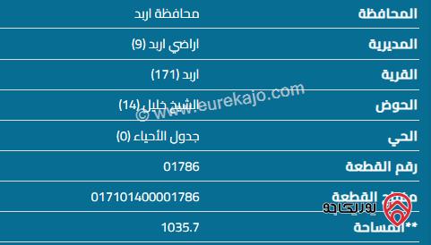 قطعة أرض مساحة 1040م للبيع في اربد 