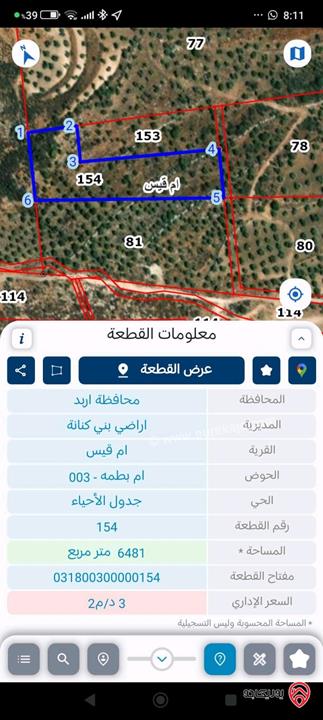 قطقة أرض للبيع في اربد- ام قيس بمساحة ٦ونص دونم 
