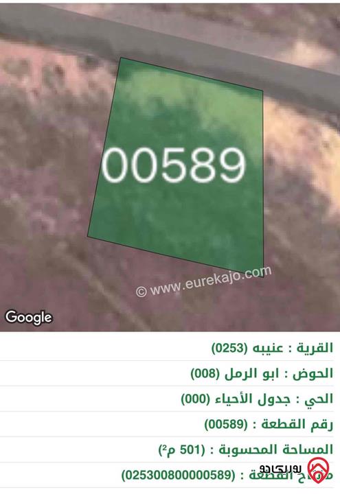 قطعة ارض مساحة 500م للبيع في جرش - عنيبة
