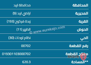 قطعة أرض مساحة 620 م للبيع في اربد - زبدة فركوح