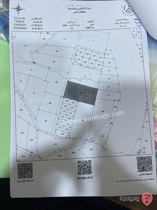 ارض مساحة 7 دونم و 415م للبيع من أراضي شمال عمان - موبص شارع الاردن 