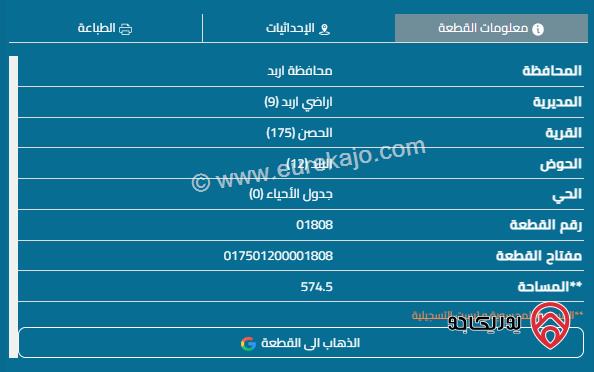 قطعة أرض مساحة 574م للبيع في اربد - الحصن	