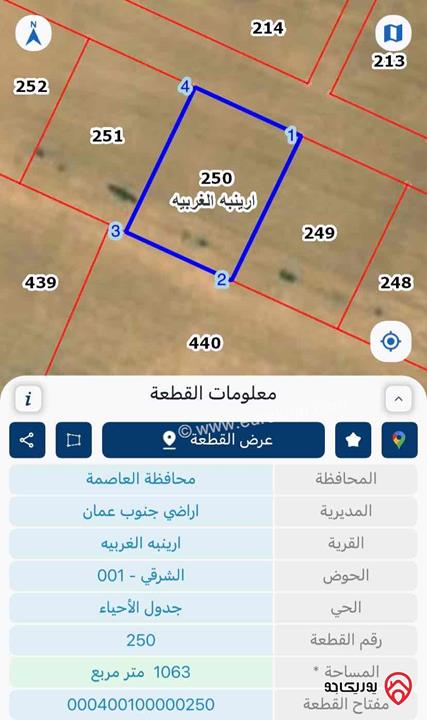 أرض مميزة مساحة 1 دونم و 63م للبيع في عمان -  ارينبه الغربيه قرب شارع المطار