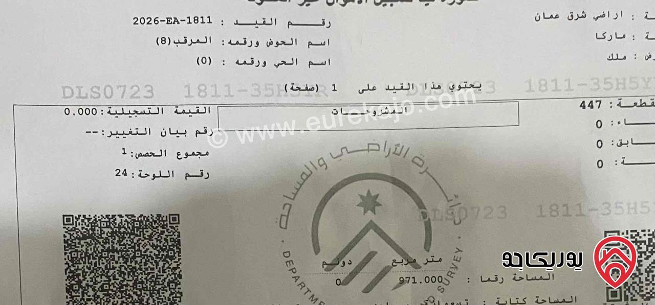 قطع أراضي مساحة 971م للبيع في عمان - ماركا منطقة المرقب 