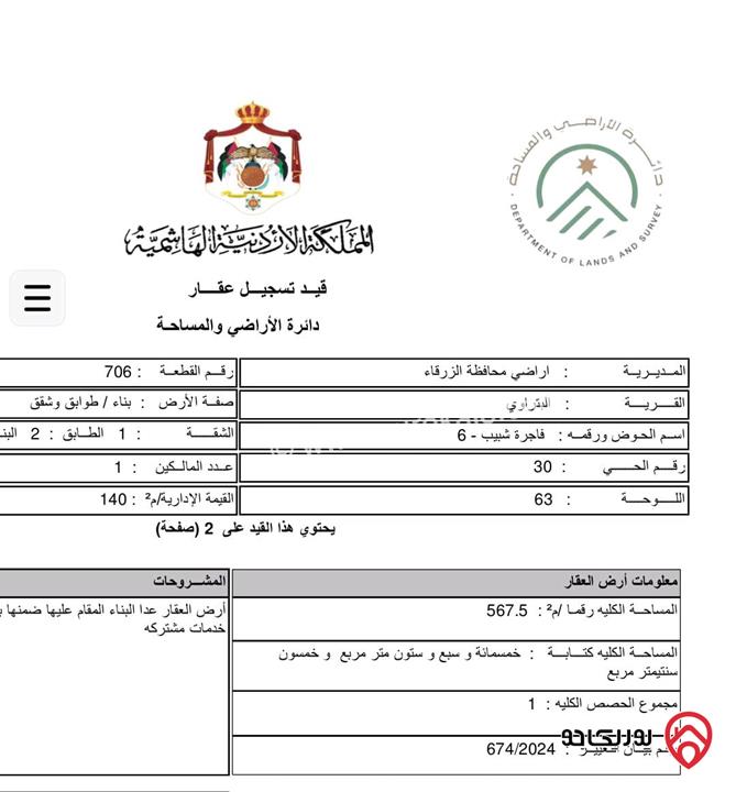 بناية سكنية على أرض 567م للبيع في الزرقاء - حي معصوم