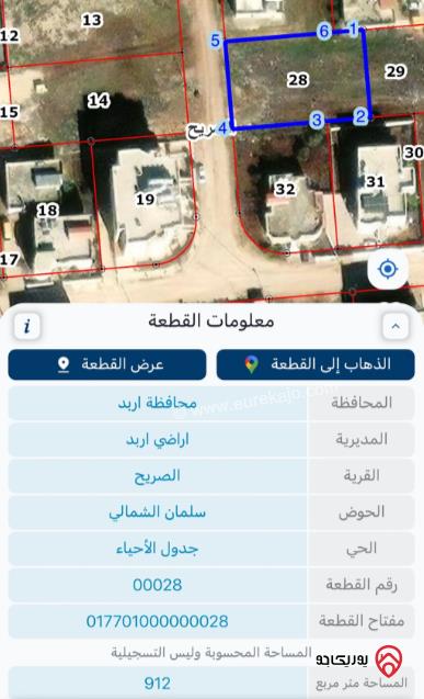 قطعة ارض مساحة 912م للبيع في اربد - الصريح 