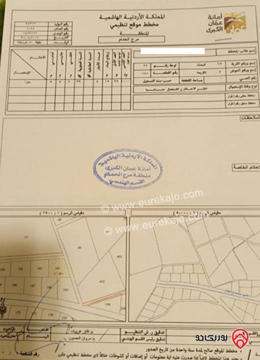 قطعة أرض مساحة 1076م للبيع في عمان - مرج الحمام