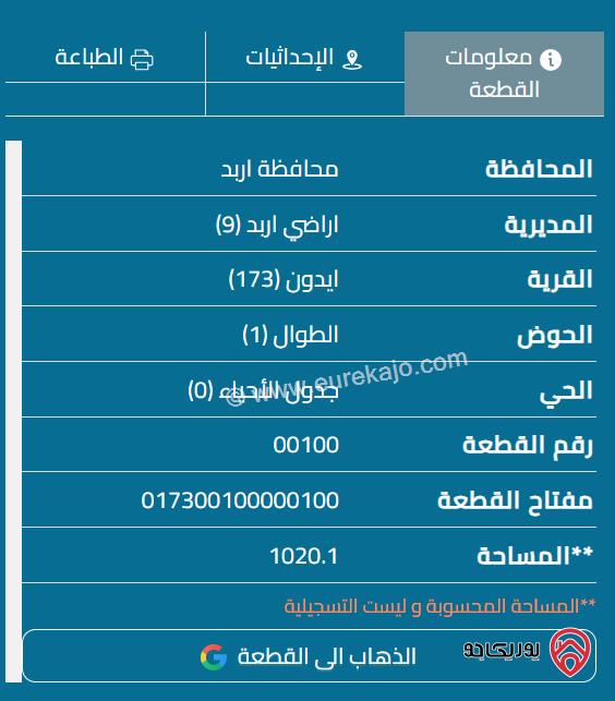 قطعة أرض مساحة 1020م للبيع في اربد - ايدون	