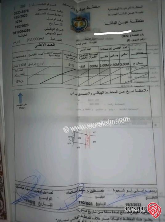 قطعة أرض مميزة مساحة 1 دونم و 265م مع منزل مساحة 220م للبيع في عمان - عين الباشا - حوض الخرشا