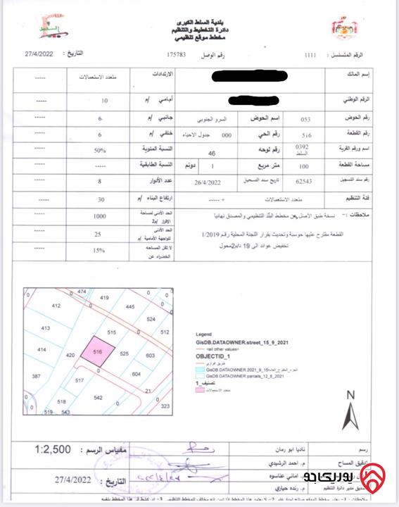 أرض تجاري محلي مساحة 1 دونم و 100م للبيع في السرو - السلط