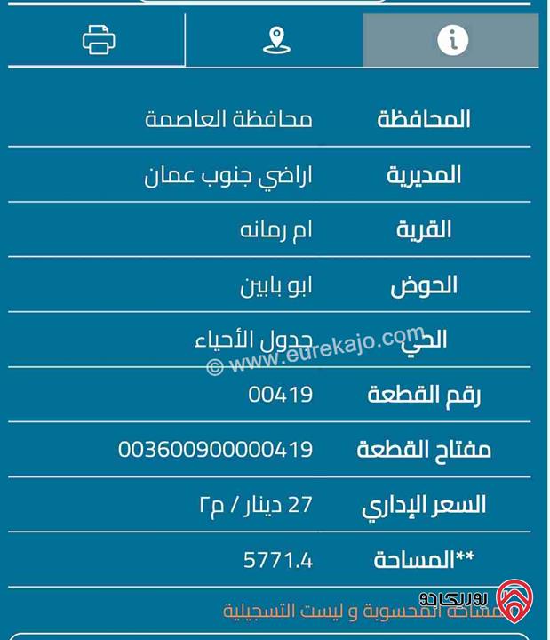 أرض مساحة 5 دونم و 771م للبيع في عمان - أم رمانة