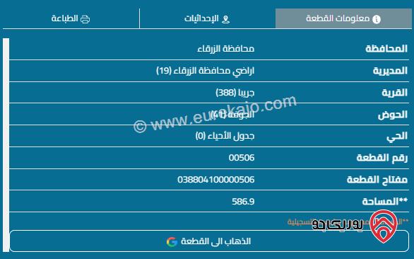 قطعة أرض مساحة 587م للبيع في الزرقاء - جريبا	