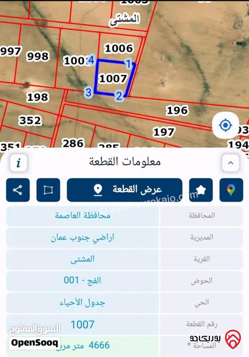 ارض مساحة 4 دونم و 666م للبيع من أراضي جنوب عمان - المشتى