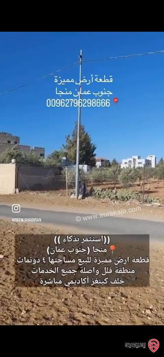 قطعة ارض مساحة 4 دونم للبيع من أراضي جنوب عمان - منجا