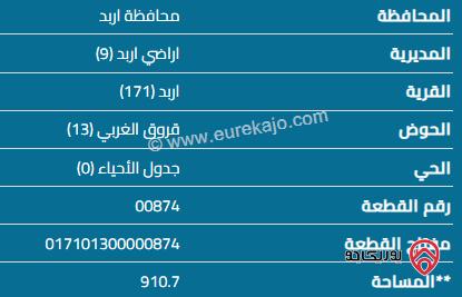 قطعة أرض مساحة 912م للبيع في اربد - الحي الشرقي 